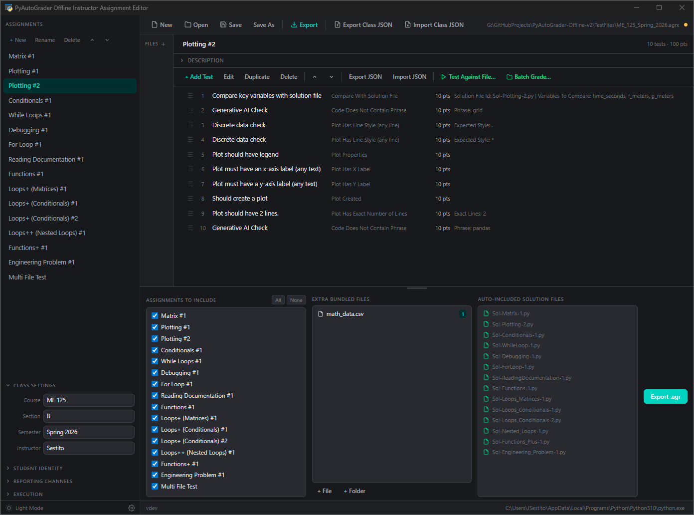Instructor application showing assignment editor with test configuration and batch grading