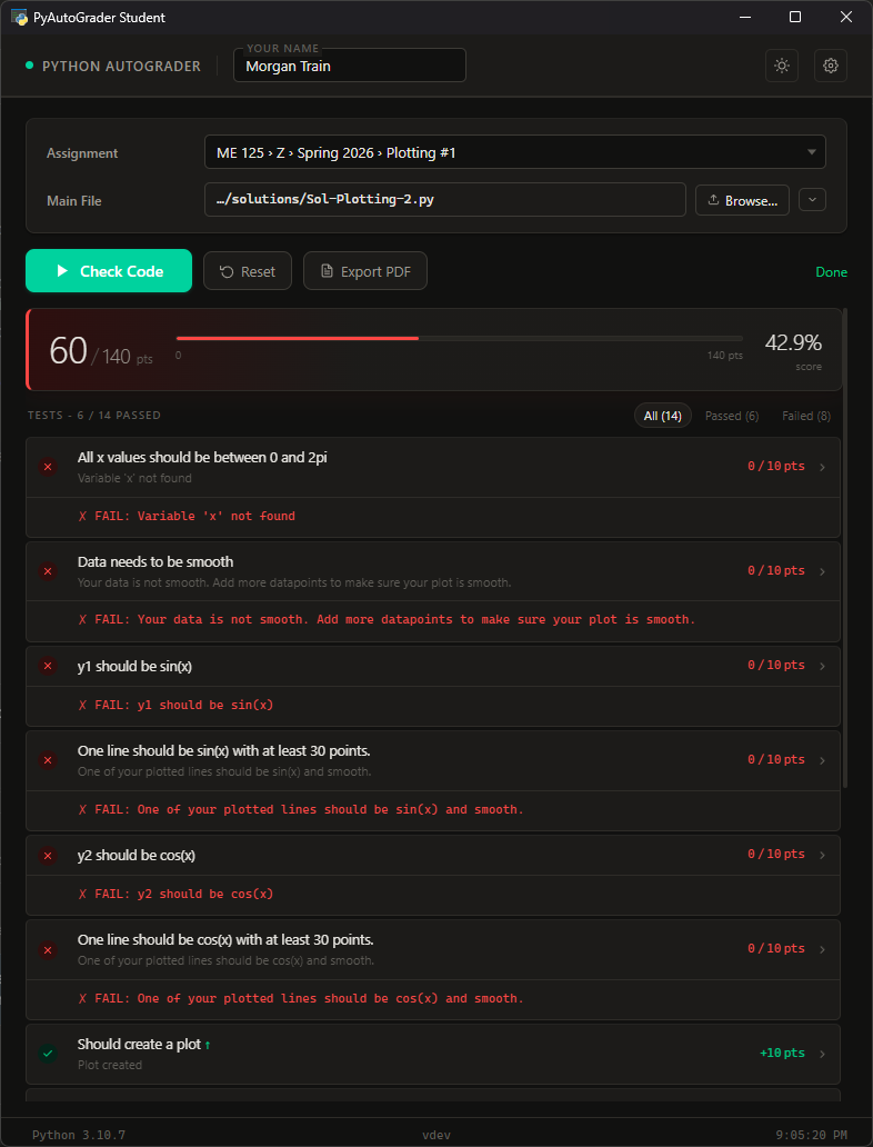 Student grader showing test results with pass/fail indicators and score breakdown